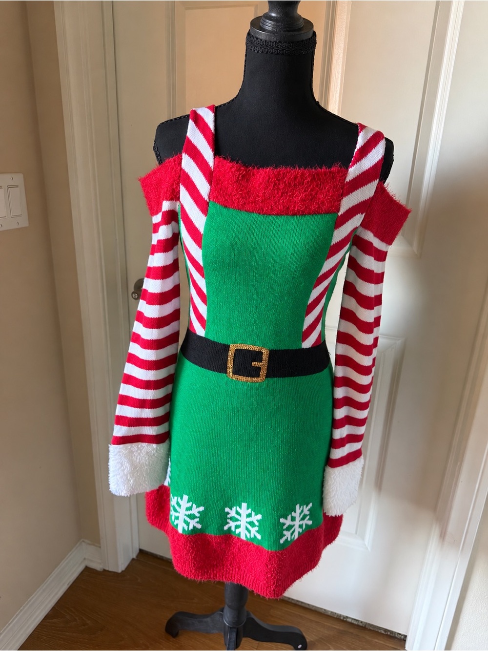 Holiday Stripe Off-Shoulder Mini Dress in Green & Red